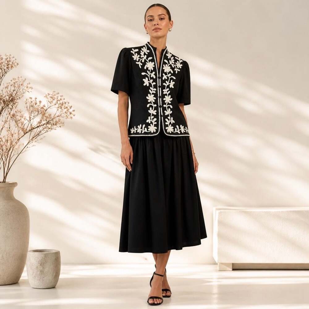 Vintage Karin Stevens Black Embroidered Dress Overlay Midi Petite Size 10